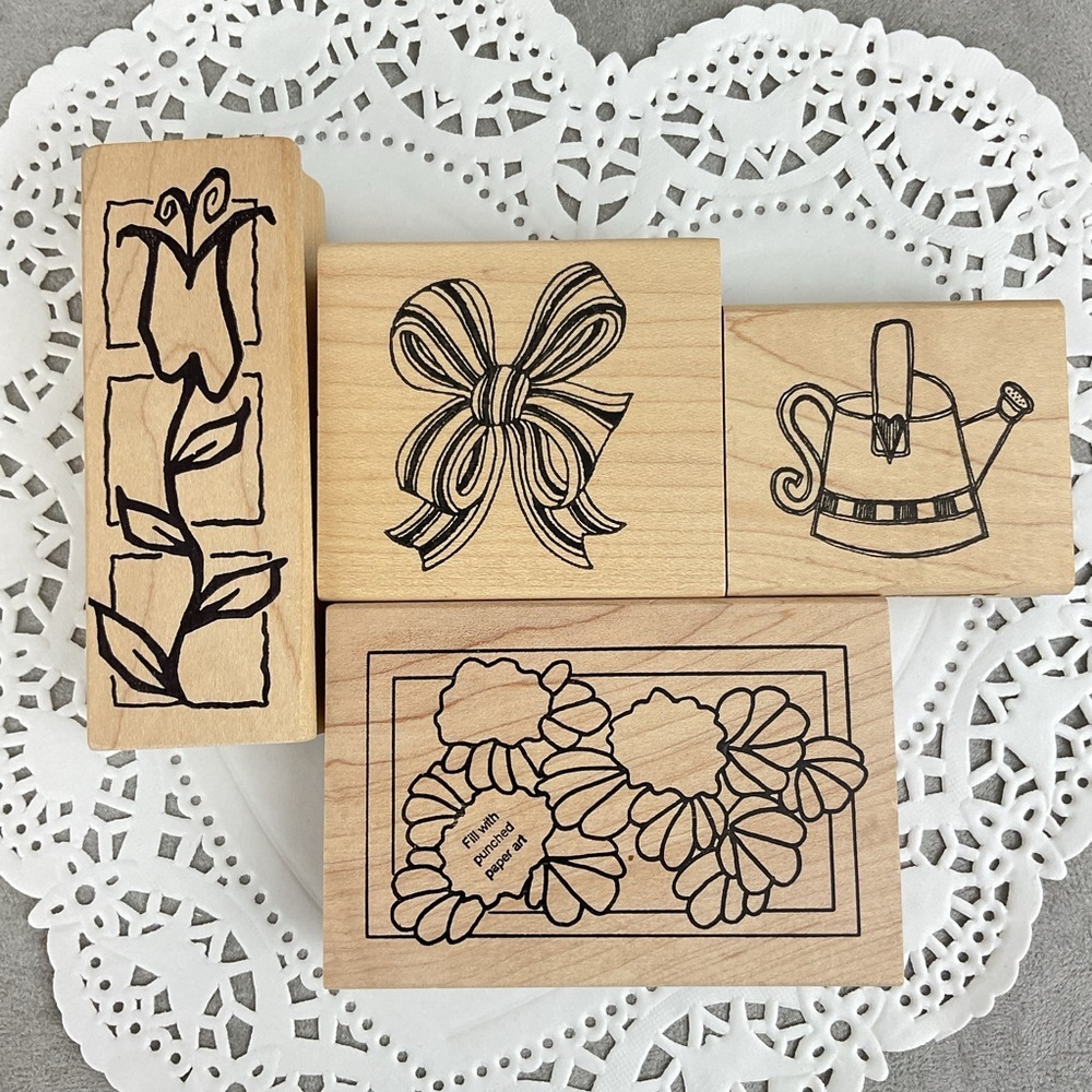Vintage floral garden rubber stamps striped bow wood mounted